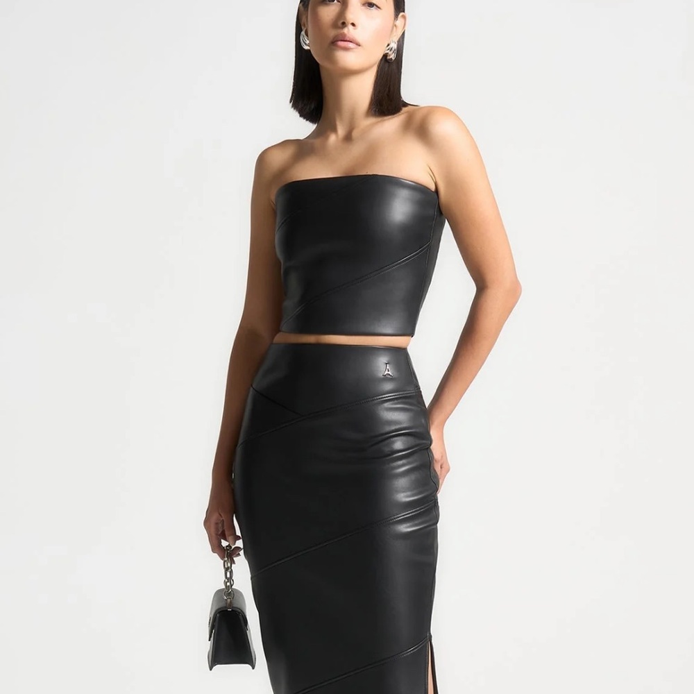 Maniere De Voir Black faux leather bandeau top